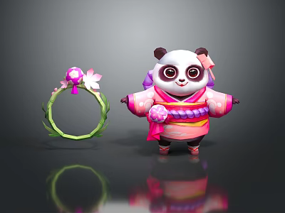 Cute Panda Game Character In Pink Purple Kimono With Flower And Green Ring 3d model
