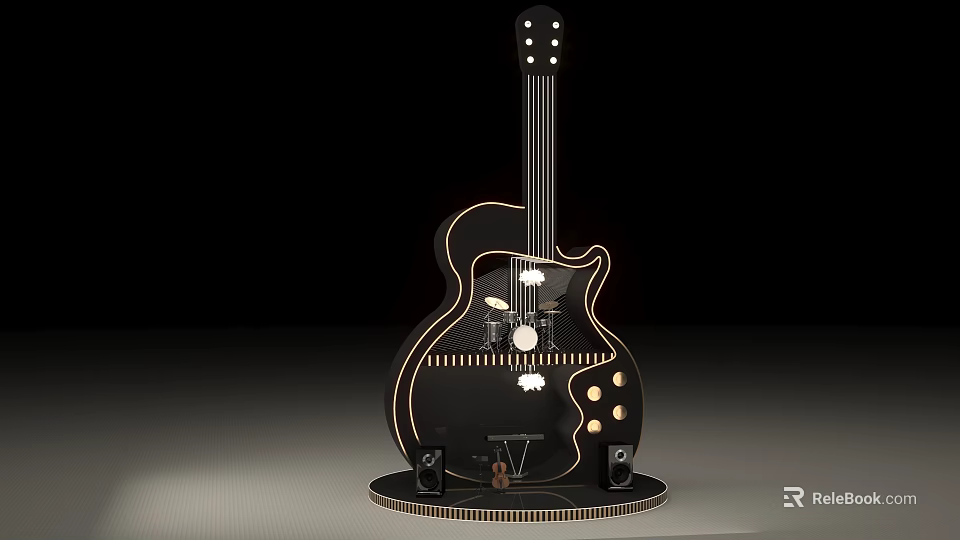 Stylish Black Guitar Check in Photo Spot With Gold Accents And Decorative Stand 3d model 
