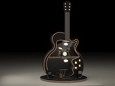 Stylish Black Guitar Check in Photo Spot With Gold Accents And Decorative Stand 3d model