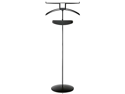 Freestanding Black Clothes Hanger with Top Hanging Bar Middle Tray and Round Base 3d model
