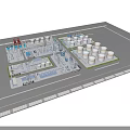 Large Industrial Plant with Blue Thermal Storage Pool Red Structures White Tanks and Chimneys
