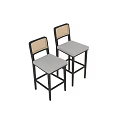 Stylish Black Wood Bar Stools With Natural Rattan Back And Soft Padded Grey Fabric Seats