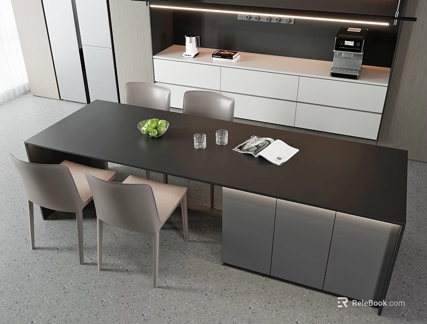 Modern Dining Table Set With Light Gray Chairs Green Fruit Bowl Glasses In Modern Interior 3d model 