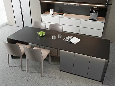 Modern Dining Table Set With Light Gray Chairs Green Fruit Bowl Glasses In Modern Interior 3d model