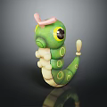 Cartoon Character And Green Caterpillar Creature With Big Eyes Pink Horn Yellow Spots White Tail