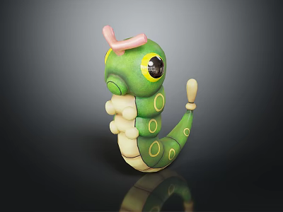 Cartoon Character And Green Caterpillar Creature With Big Eyes Pink Horn Yellow Spots White Tail 3d model