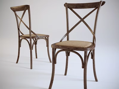 Two Classic Wooden Leisure Chairs with Cross Back Design Curved Legs and Woven Seat 3d model
