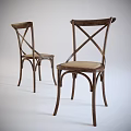 Two Classic Wooden Leisure Chairs with Cross Back Design Curved Legs and Woven Seat