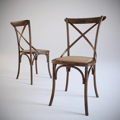 Two Classic Wooden Leisure Chairs with Cross Back Design Curved Legs and Woven Seat 3d model