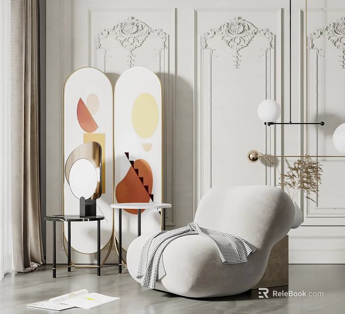 Modern Luxury Upholstered Single Sofa With Round Mirror Side Table And Wall Decor 3d model 