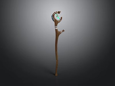 Enchanted Wooden Staff Weapon with Forked Top Green Glowing Gem and White Bindings 3d model