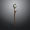 Enchanted Wooden Staff Weapon with Forked Top Green Glowing Gem and White Bindings