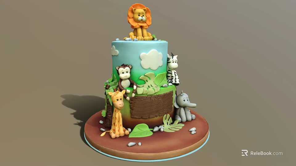 Two Tier Animal Themed Cake Decorated With Lion Monkey Zebra Giraffe Elephant Tree And Clouds 3d model 