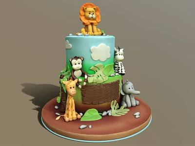 Two Tier Animal Themed Cake Decorated With Lion Monkey Zebra Giraffe Elephant Tree And Clouds 3d model
