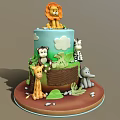 Two Tier Animal Themed Cake Decorated With Lion Monkey Zebra Giraffe Elephant Tree And Clouds