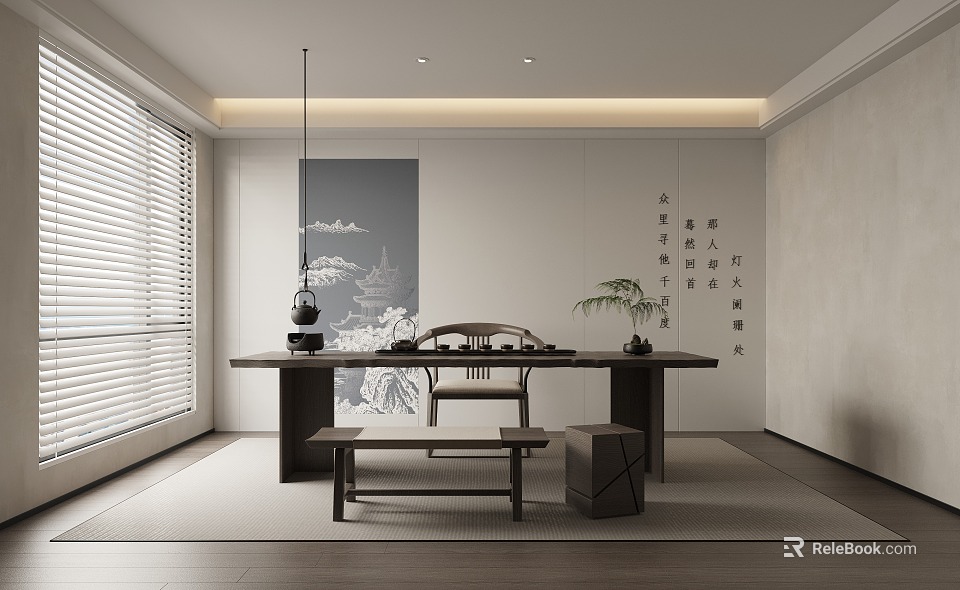 Modern Minimalist Tea Room Interior With Long Table Tea Pot Calligraphy And Landscape Painting 3d model 