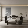 Modern Minimalist Tea Room Interior With Long Table Tea Pot Calligraphy And Landscape Painting