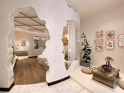 Modern Hotel Room Interior with Archway Design Wooden Flooring and Decorative Wall Art 3d model