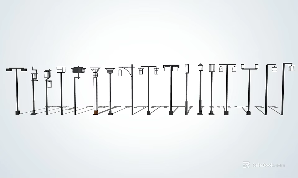 Various Styles Outdoor Lights With Different Lamp Heads And Pole Designs 3d model 