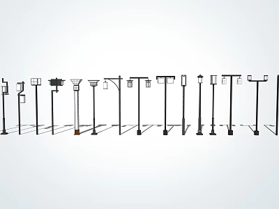 Various Styles Outdoor Lights With Different Lamp Heads And Pole Designs 3d model