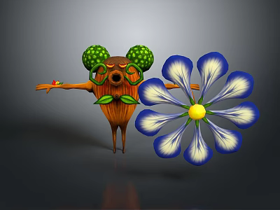 Cartoon Game Movie Character With Green Ear Like Features Glasses Mustache And Blue White Flower 3d model