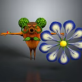 Cartoon Game Movie Character With Green Ear Like Features Glasses Mustache And Blue White Flower