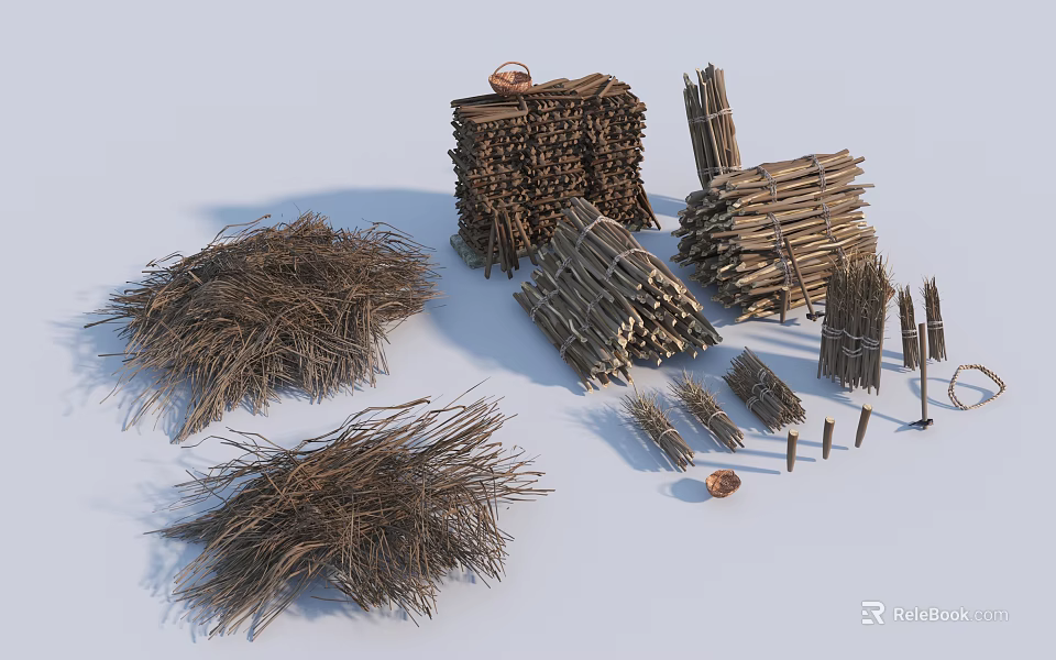 Various Types of Stone and Wood Materials with Logs Fences and Twigs 3d model 