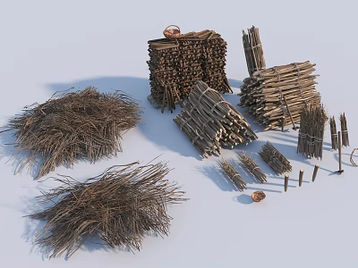 Various Types of Stone and Wood Materials with Logs Fences and Twigs 3d model