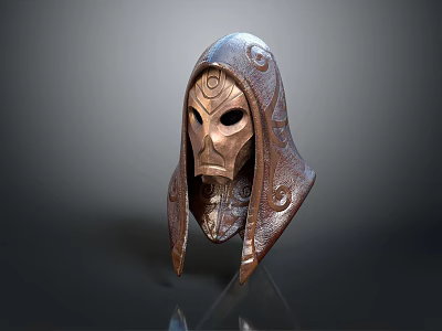 Detailed Hooded Bronze Mask Featuring Intricate Carvings And Ornamental Design 3d model