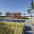 Rural Landscape Featuring Lush Rice Fields Wooden House Pool Palm Trees Stone Path And Blue Sky