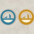 Blue And Orange Circular Wall Lamps With Person And Dog Silhouette Design