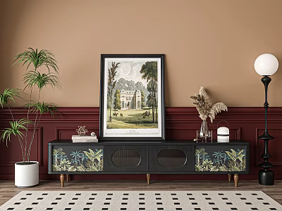 Botanical Patterned TV Stand With Framed Art Potted Plant And Floor Lamp In Brown Room 3d model