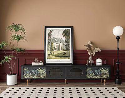 Botanical Patterned TV Stand With Framed Art Potted Plant And Floor Lamp In Brown Room 3d model