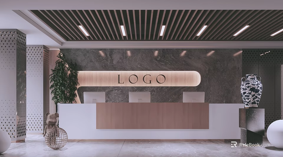 Modern Reception Desk With Marble Wall Logo Linear Ceiling Lights Green Plant Modern Minimalist Interior 3d model 
