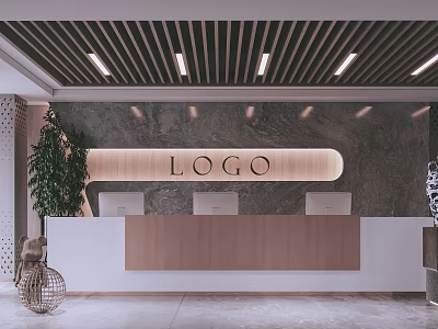 Modern Reception Desk With Marble Wall Logo Linear Ceiling Lights Green Plant Modern Minimalist Interior 3d model