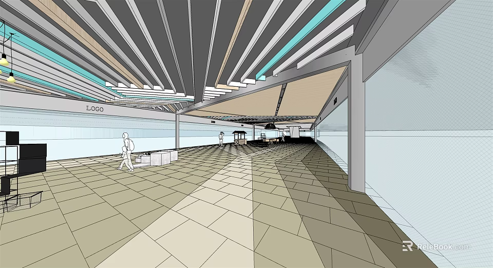 Spacious Modern Shopping Mall Hall With Ceiling Design Tile Floor And Service Counter 3d model 