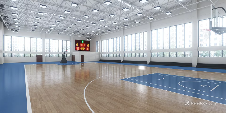 Basketball Gym Interior with Wooden Flooring Blue Court Sections Large Windows and Digital Scoreboard 3d model 
