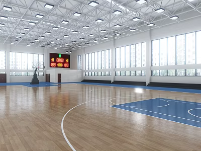 Basketball Gym Interior with Wooden Flooring Blue Court Sections Large Windows and Digital Scoreboard 3d model