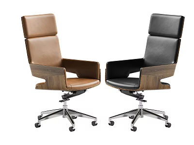 Modern Brown and Black Leather Office Chairs with Wooden Armrests and Metal Base Wheels 3d model