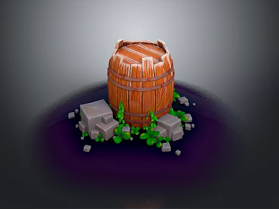 Rustic Wooden Barrel Decorative Item with Stones and Green Plants for Home Decoration 3d model