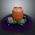 Rustic Wooden Barrel Decorative Item with Stones and Green Plants for Home Decoration