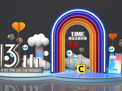 Colorful Photo Check-in Spot With Rainbow Arch TIME Sign Cloud Heart Decorations And Letter C 3d model