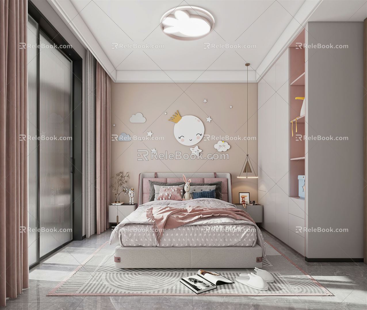 Modern Children's Room Bedroom Pink Girls Room Wardrobe Ceiling Lamp Suite Princess Room 3d model