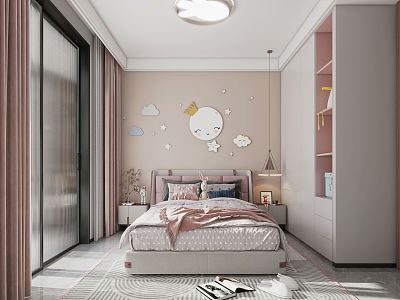 Modern Children's Room Bedroom Pink Girls Room Wardrobe Ceiling Lamp Suite Princess Room 3d model