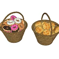 Wicker Baskets Filled With Assorted Donuts And Fresh Bread Rolls 3d model
