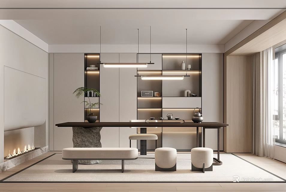 Modern Tea Room Interior Design With Long Table Fireplace Green Plant And Round Ottomans 3d model 
