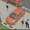 Open Paved Parking Lot With Orange Cars People Walking And Marked Spaces