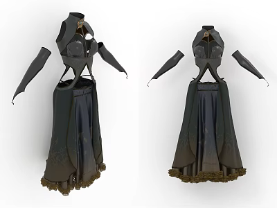 Elegant Black Long Dress with Intricate Shoulder Design and Ornate Hem Decorations 3d model