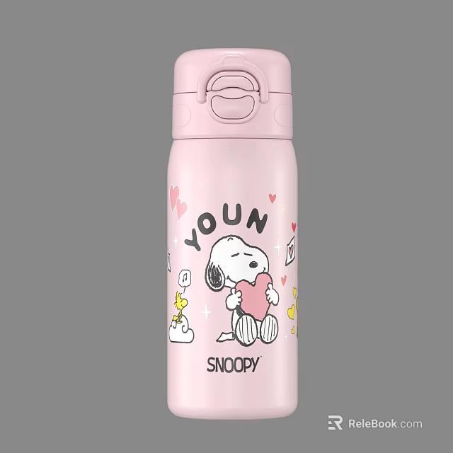 Pink Insulated Water Bottle Featuring Snoopy Young Design Heart Patterns And Carry Handle 3d model 