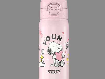 Pink Insulated Water Bottle Featuring Snoopy Young Design Heart Patterns And Carry Handle 3d model